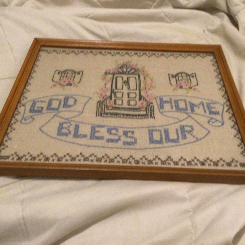 Vintage Finished Cross Stitch Framed Sampler God Bless Our Home